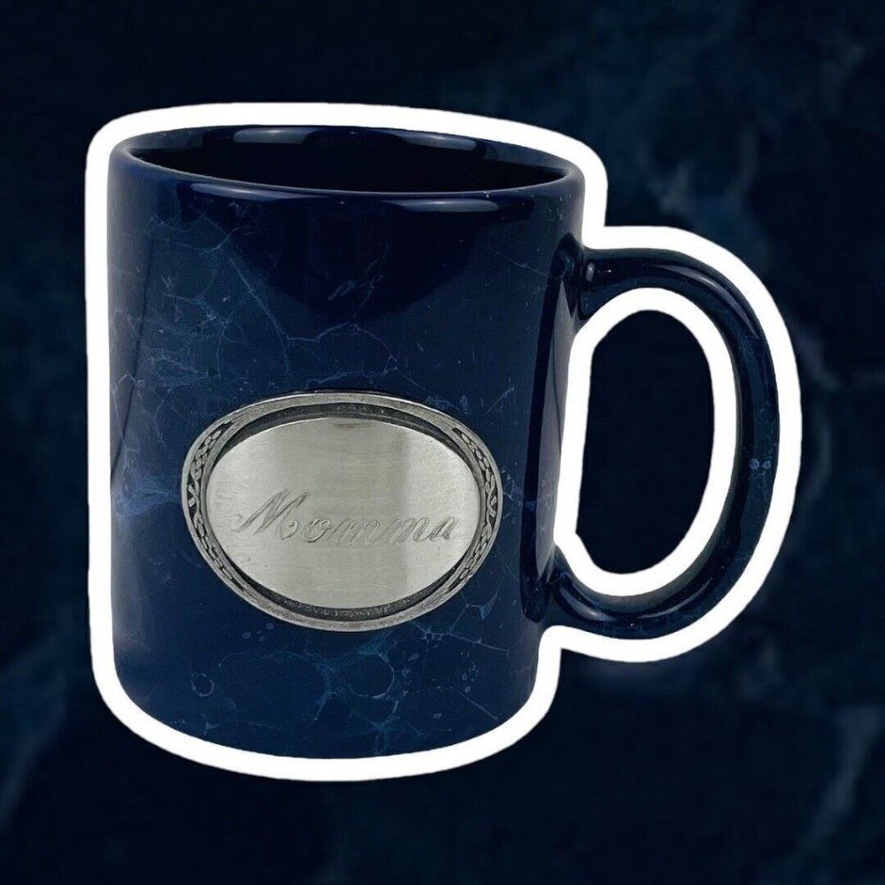 Vintage Linyi Momma Coffee Mug Pewter Metal Plaque Blue Marble Look Gift Mom